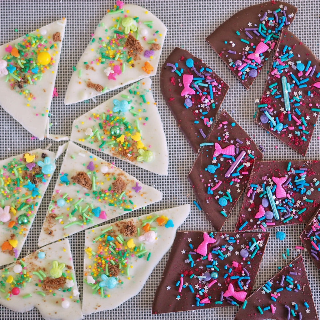 Sprinkle Chocolate Bark Shards, decorated with Sugar Lips Mermaid Disco and Easter Egg Hunt Sprinkle medley mixes